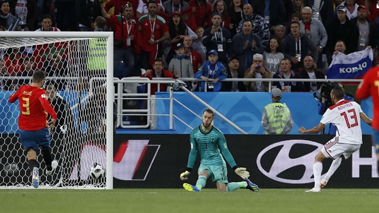 Le Marocain Khalid Boutaïb a ouvert le score face à l’Espagne, le 25 juin 2018. © Manu Fernandez/AP/SIPA