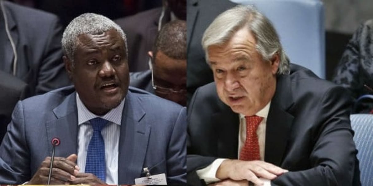 Moussa Faki Mahamat, le président de la commission de l’UA (à g.), et António Guterres, le secrétaire général de l’ONU, © Montage JA/Bebeto Matthews/AP/SIPA