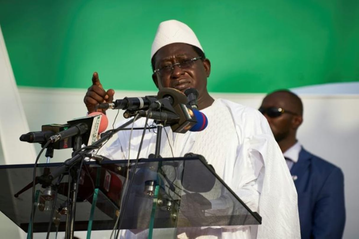 Le chef de file de l’opposition au Mali, Soumaïla Cissé, prononce un discours de campagne pour la présidentielle, le 8 juillet 2018 à Bamako. © Michele CATTANI/AFP