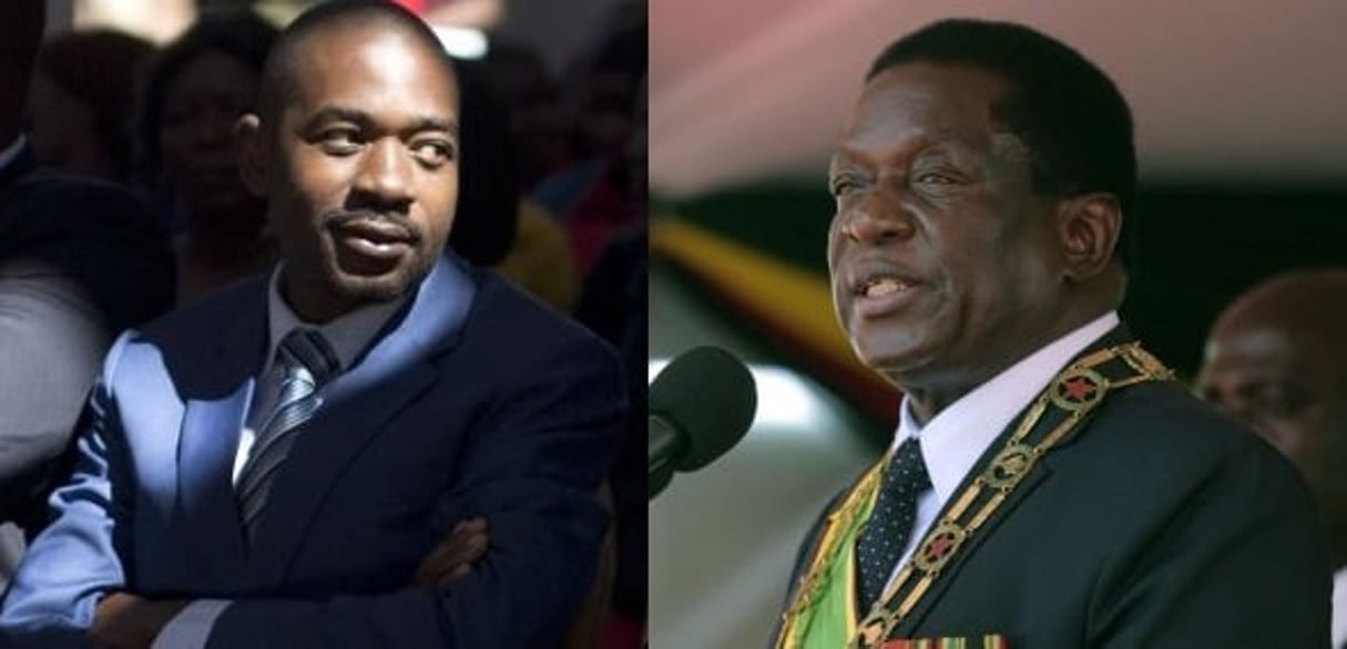 Le leader de l’opposition Nelson Chamisa (à g.), et le président du Zimbabwe Emmerson Mnangagwa. © Jerome Delay/Tsvangirayi Mukwazhi/AP/SIPA