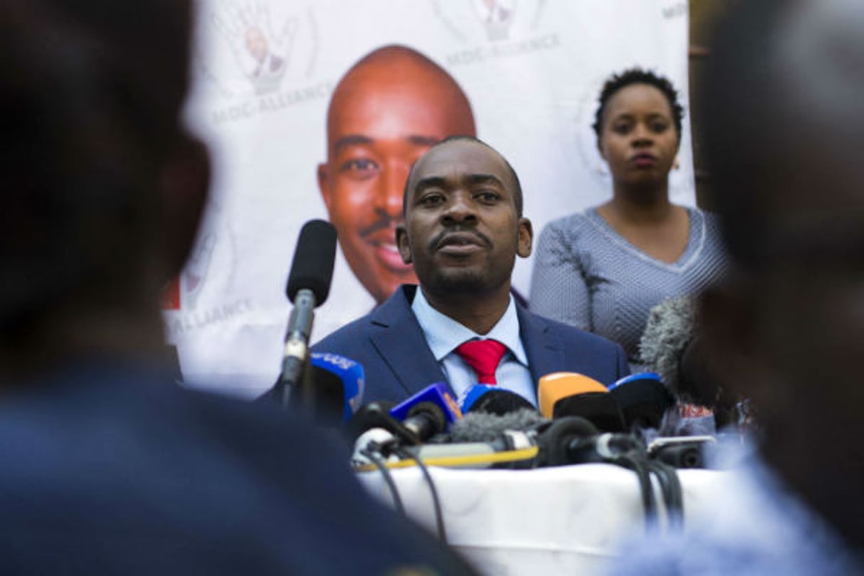 L’opposant Nelson Chamisa lors d’une conférence de presse, le 3 août 2018. © Jerome Delay/AP/SIPA