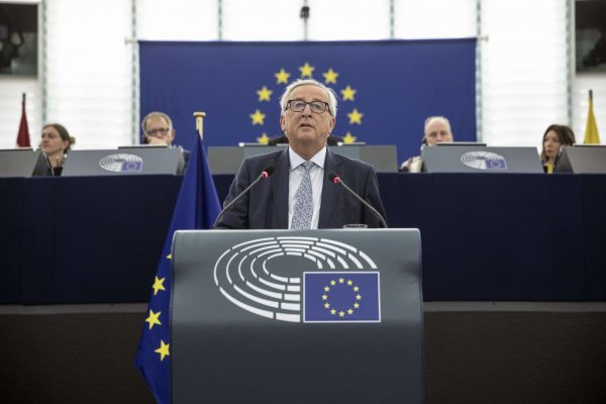 Jean-Claude Juncker à la tribune du Parlement européen, à Strasbourg, lors de son discours sur l’état de l’Union, le 12 septembre 2018. © Jean-Francois Badias/AP/SIPA