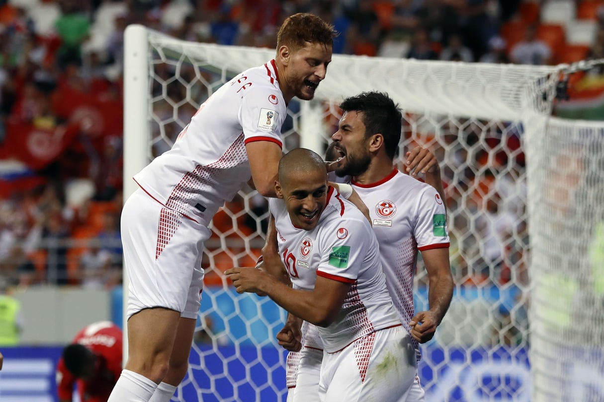 Le Tunisien Wahbi Khazri, au centre, avec son équipe lors du match contre le Panama, lors de la Coupe du monde de football 2018 (photo d’illustration). © Darko Bandic/AP/SIPA