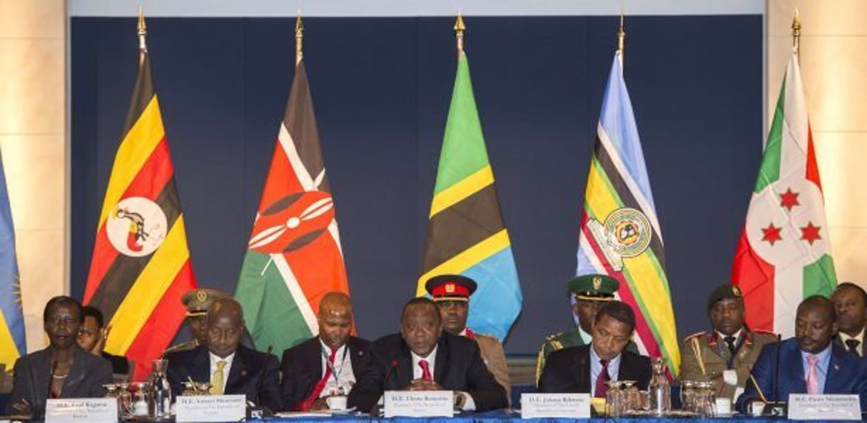 Les présidents des pays membres de l’East African Community, Yoweri Museveni, Uhuru Kenyatta, Jakaya Kikwete et Pierre Nkurunziza, lors du sommet États-Unis-Afrique d’août 2014. © Molly Riley/AP/SIPA