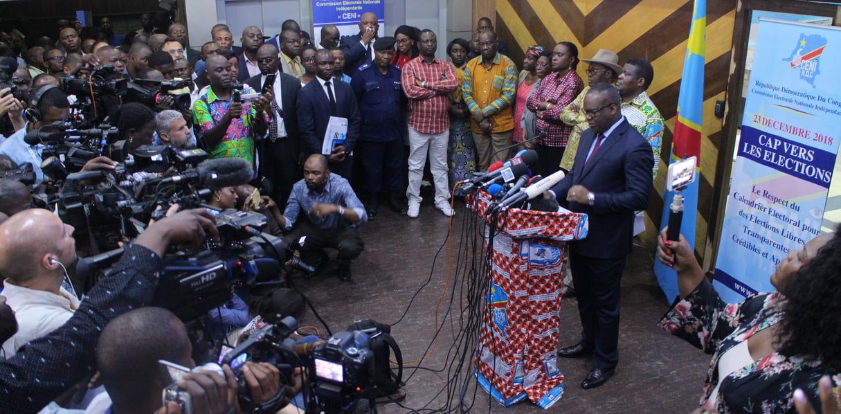 Point de presse de Corneille Nangaa, président de la Ceni, le 13 décembre 2018, à Kinshasa. © Trésor Kibangula/JA