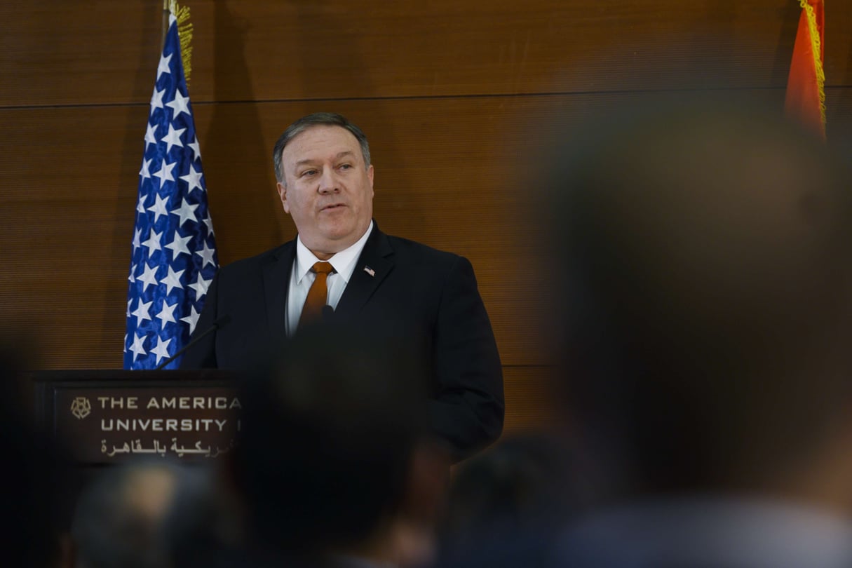 Le secrétaire d’État Mike Pompeo s’adresse à des étudiants de l’université américaine du Caire, le 10 janvier. © Andrew Caballero-Reynold/AP/SIPA