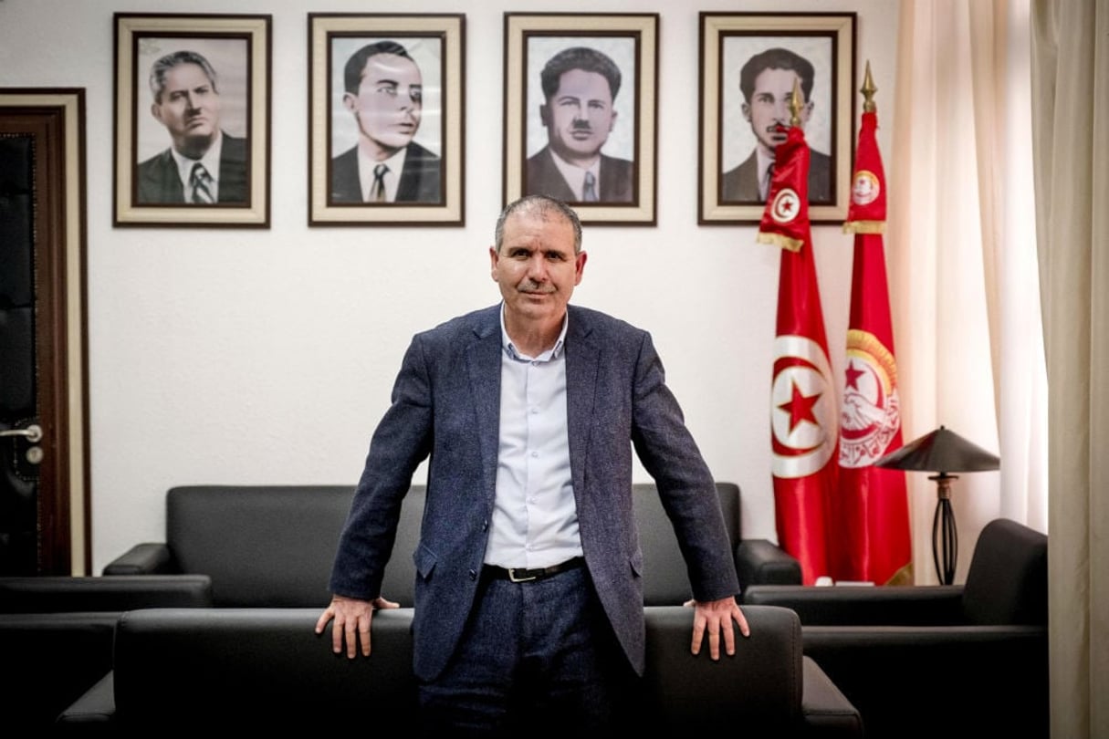 Noureddine Taboubi, dans son bureau au siège historique de l’UGTT, place Mohamed-Ali, à Tunis. © Nicolas Fauqué /ww.imagesdetunisie.com