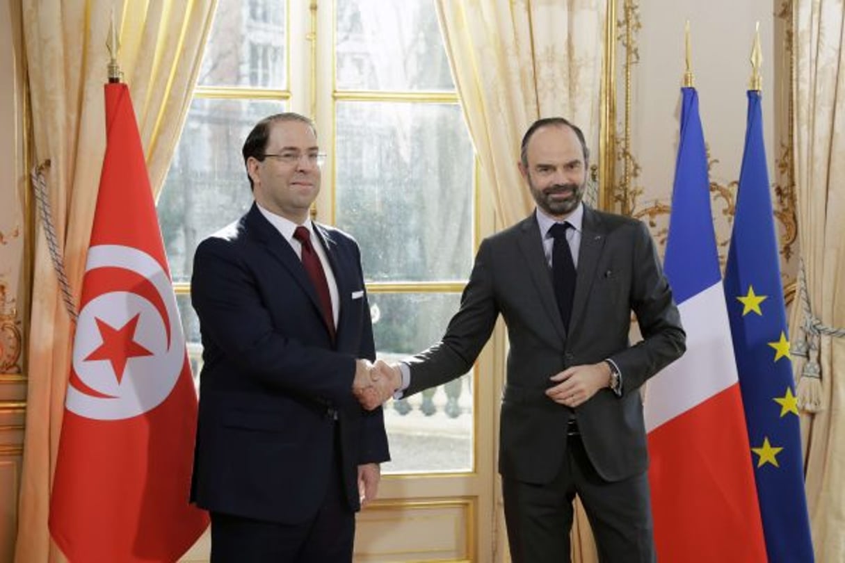 Youssef Chahed, chef du gouvernement tunisien, et son homologue, le Premier ministre Édouard Philippe, à l’Hôtel de Matignon jeudi 14 février 2019. © Thomas Samson/AP/SIPA