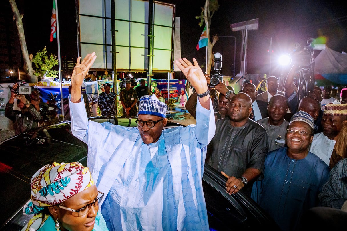 À son QG de campagne, le 23 février, après la proclamation des résultats. © Bayo Omoboriowo/Nigeria Presidency/Handout via Reuters