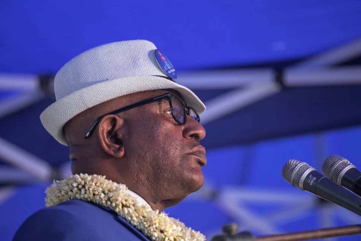 Le président des Comores, candidat à sa propre succession, Azali Assoumani, au cours d’un meeting électoral le 22 mars 2019 à Moroni. © AFP