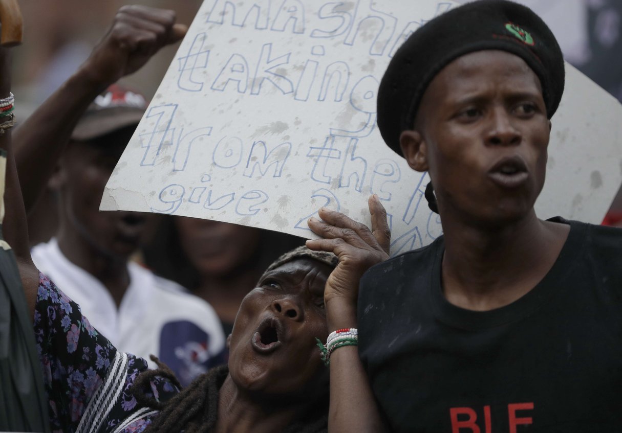 Manifestations de militants du Black Land First, en février 2018. © Themba Hadebe/AP/SIPA