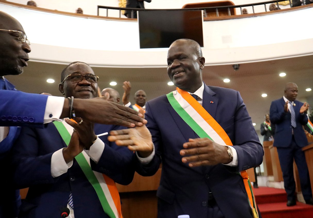 Amadou Soumahoro, lors de son élection à la  présidence de l’Assemblée nationale ivoirienne, le 7 mars 2019. © REUTERS/Thierry Gouegnon