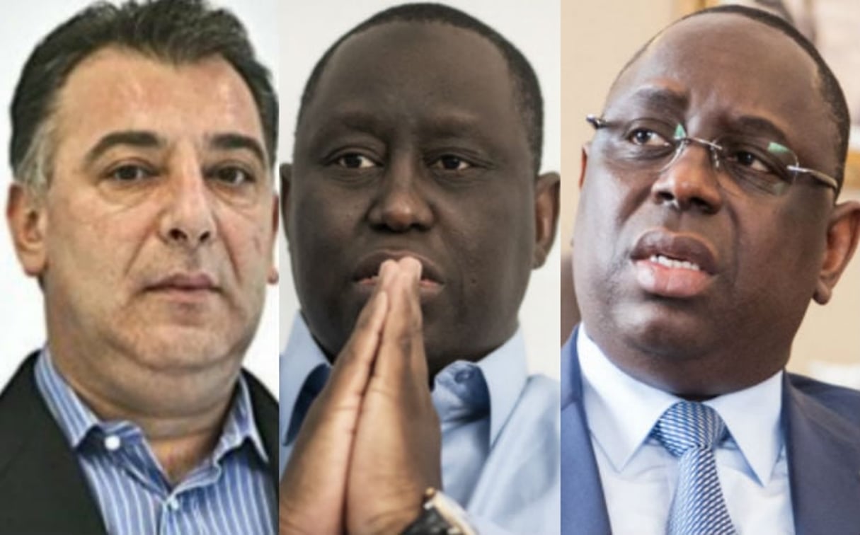 De gauche à droite : l’hommes d’affaires Frank Timis, Aliou Sall et Macky Sall, le président sénégalais. © Photomontage / Photos : K. Lathigra pour JA / Youri Lenquette pour JA /   Sylvain Cherkaoui/Cosmos pour JA