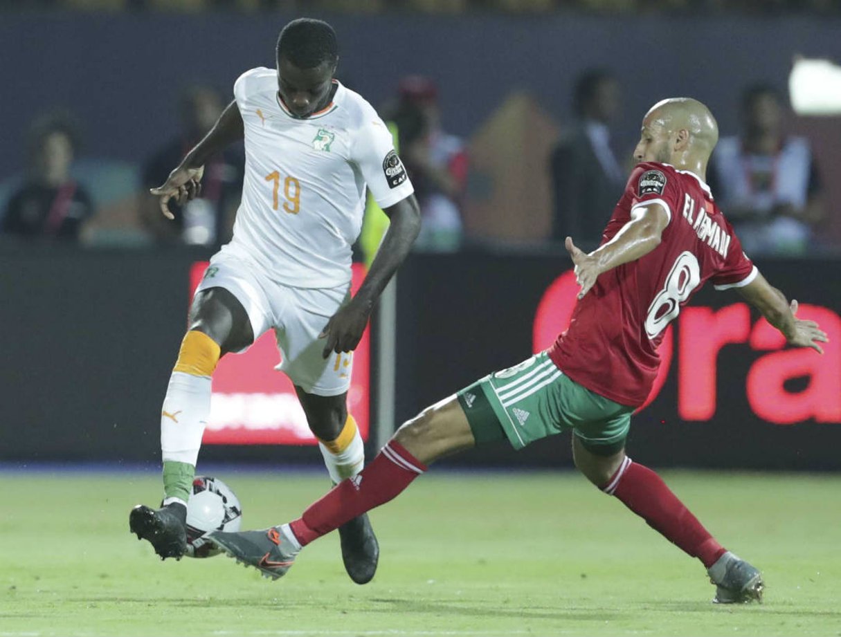 L’attaquant ivoirien Nicolas Pépé lors du match de poule contre le Maroc durant la CAN 2019, le 28 juin au Caire. © Hassan Ammar/AP/SIPA