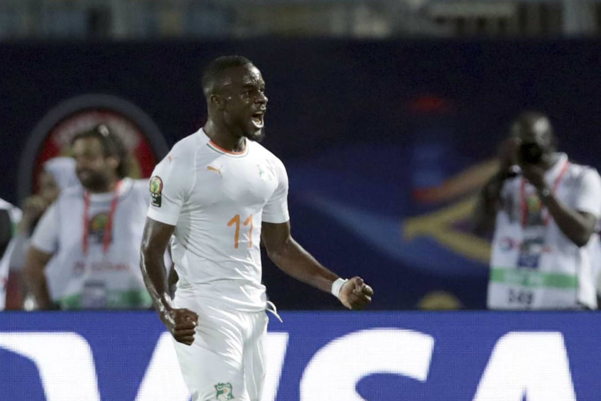 L’Ivoirien Maxwel Cornet célèbre son but face au Kenya dans la CAN 2019, le 1er juillet. © Hassan Ammar/AP/SIPA