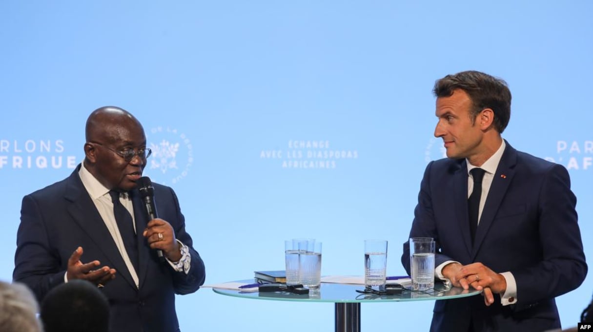 Nana Akufo-Addo et Emmanuel Macron à Paris en France le 11 juillet 2019. © AFP