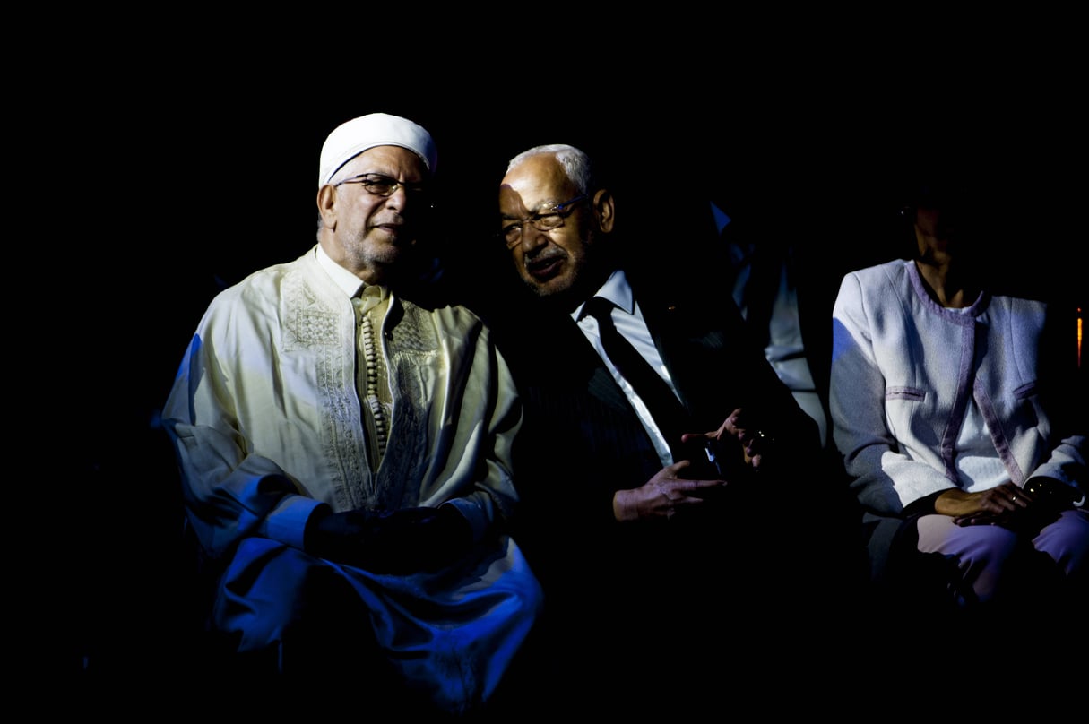 Rached Ghannouchi, le président d'Ennahdha (à droite), et le candidat du parti à l'élection présidentielle, Abdelfattah Mourou, vendredi 30 août 2019 à Tunis (image d'illustration). &copy; Hassene Dridi/AP/SIPA