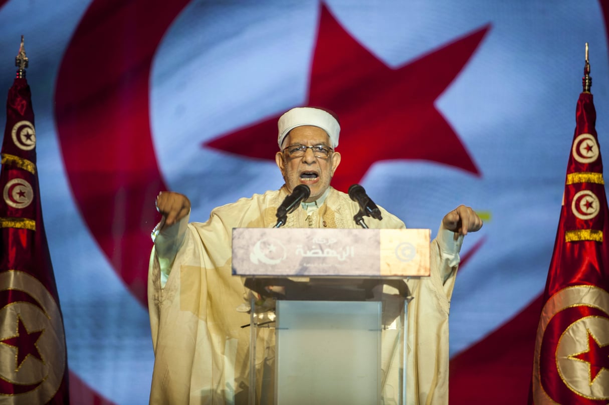 Abdelfattah Mourou, le candidat du parti islamiste Ennahdha à l’élection présidentielle, vendredi 30 août 2019 lors d’un meeting à Tunis (image d’illustration). © Hassene Dridi/AP/SIPA