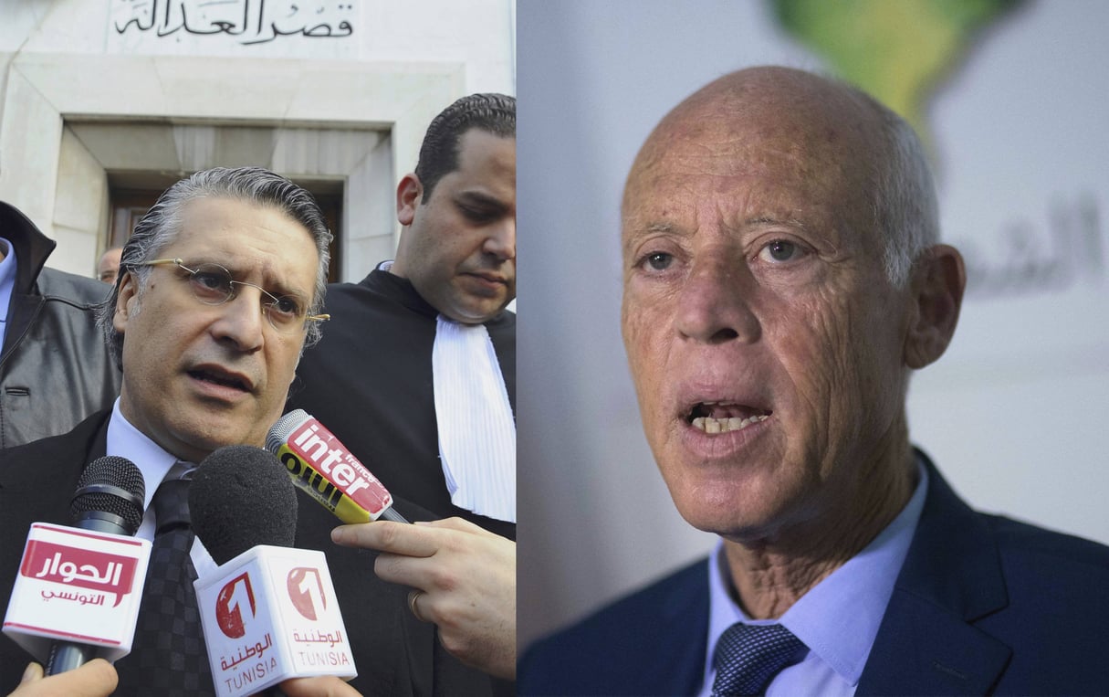 Kaïs Saïed (à droite) et Nabil Karoui, les deux finalistes du second tour de l’élection présidentielle tunisienne. © AP Photo