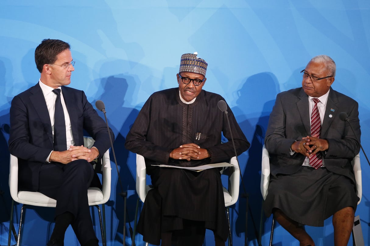 Le président nigérian Muhammadu Buhari (au centre) lors du sommet sur le climat de l’ONU, le 23 septembre 2019. © Jason DeCrow/AP/SIPA