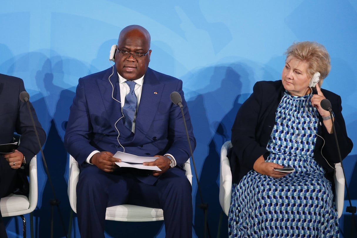 Le président Félix Tshisekedi (à gauche) lors du sommet sur le climat de l’ONU, le 23 septembre 2019. © Jason DeCrow/AP/SIPA