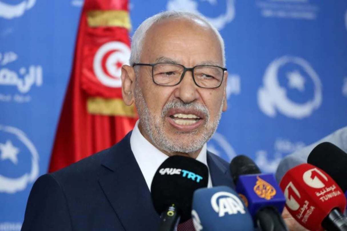 Le chef du parti islamiste Ennahdha, Rached Ghannouchi, lors d’une conférence de presse, le 6 octobre 2019 à Tunis. © AFP / Anis Mili