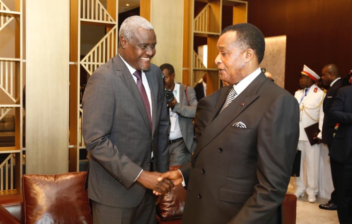 Le président de la Commission de l’Union africaine Moussa Faki Mahamat et le président congolais Denis Sassou Nguesso, à Brazzaville, le 30 janvier. © Moussa Faki Mahamat/Twitter