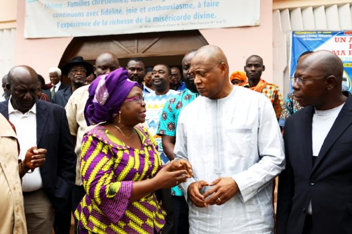 Brigitte Adjamagbo-Johnson,  coordinatrice de la coalition, et Jean-Pierre Fabre, leader de l’ANC, en 2017, à Lomé. © Yanick FOLLY / AFP