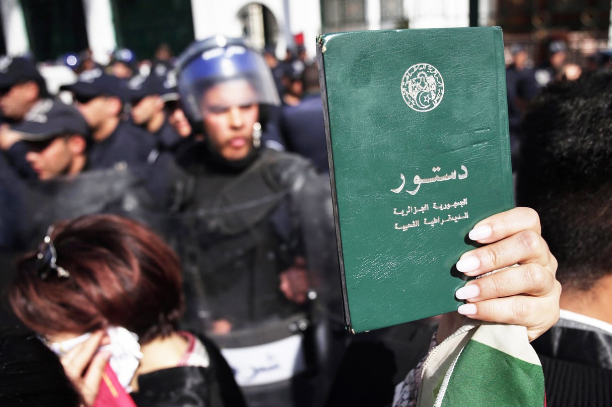 Le 7 mars 2019 à Alger, un manifestant brandit un exemplaire de la Constitution. &copy; Farouk Batiche/dpa Picture-Alliance/AFP