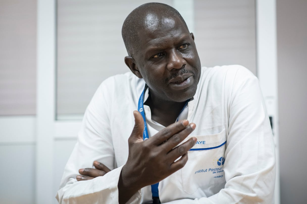 Rencontre avec le docteur Ousmane Faye, responsable du pôle virologie à l’Institut Pasteur de Dakar, le 1er mars 2020. © Sylvain Cherkaoui pour JA