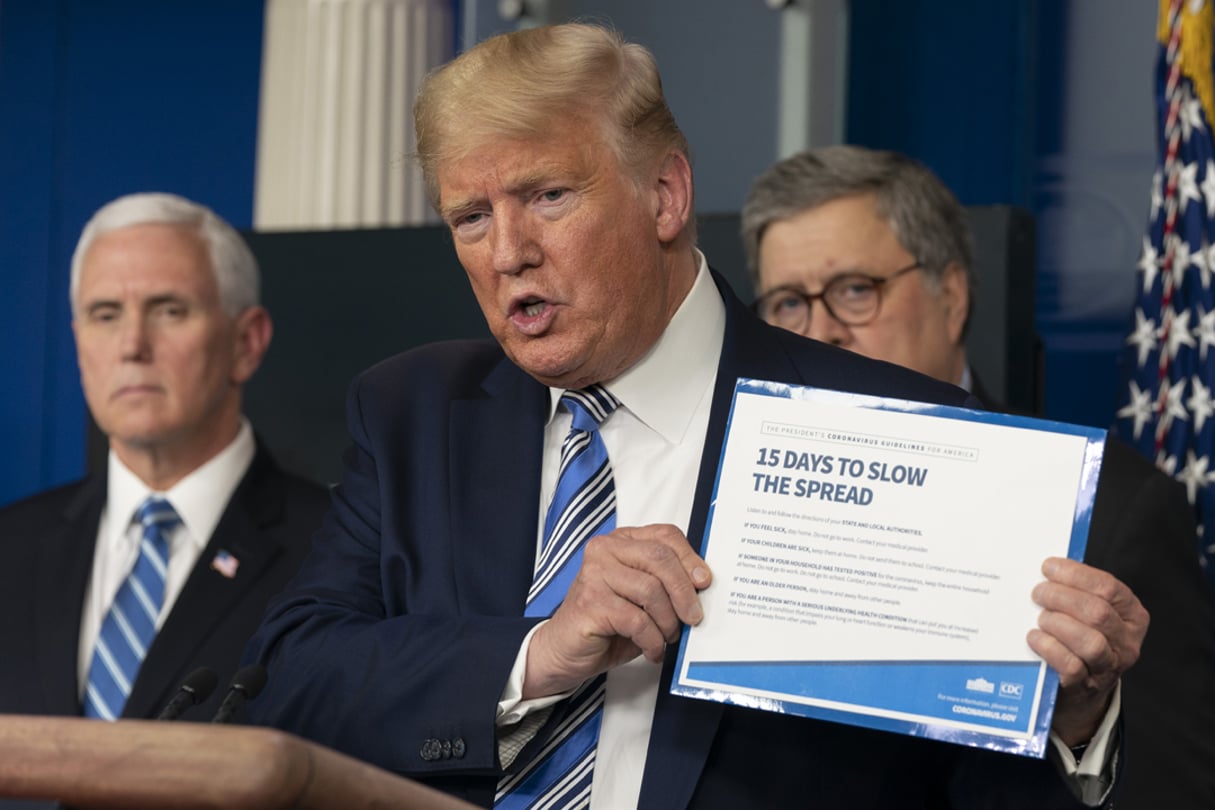 Le président Donald Trump lors d’une conférence de presse sur le coronavirus à Washington, le 23 mars 2020. © Chris Kleponis/Polaris/Bloomberg via Getty Images