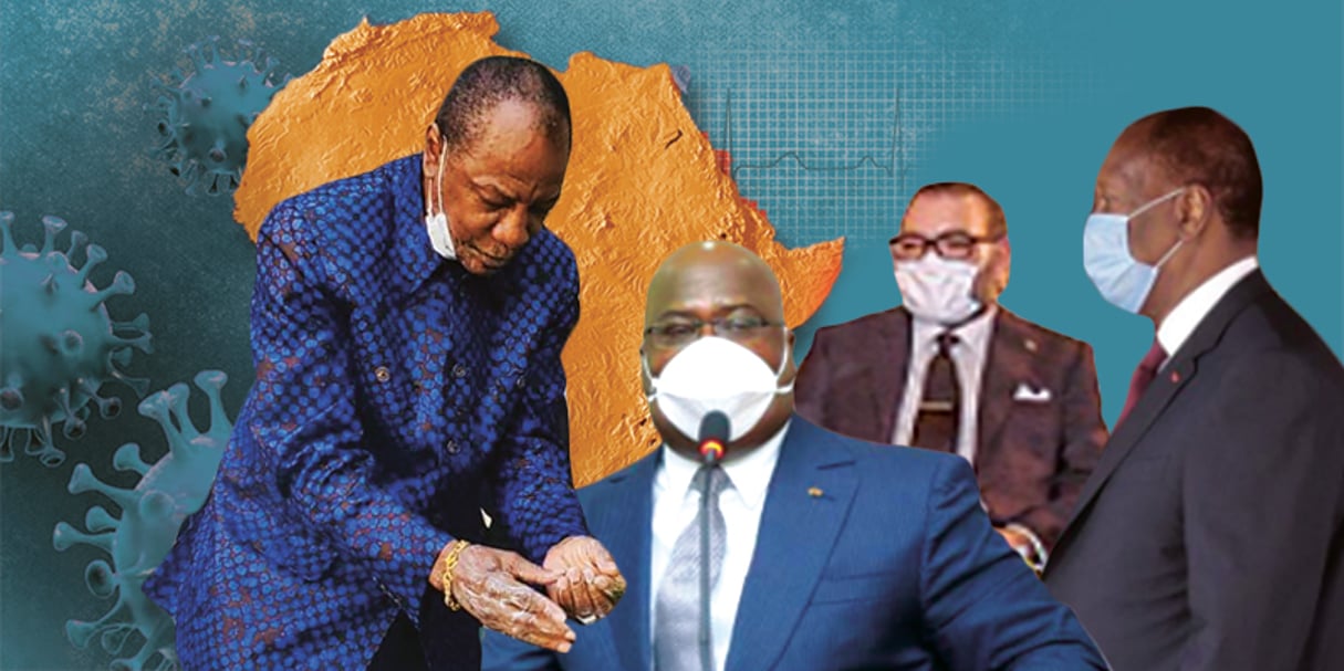 Alpha Condé, Félix Tshisekedi, Mohammed VI et Alassane Ouattara ont fait le choix du port du masque face au Covid-19. © Montage JA