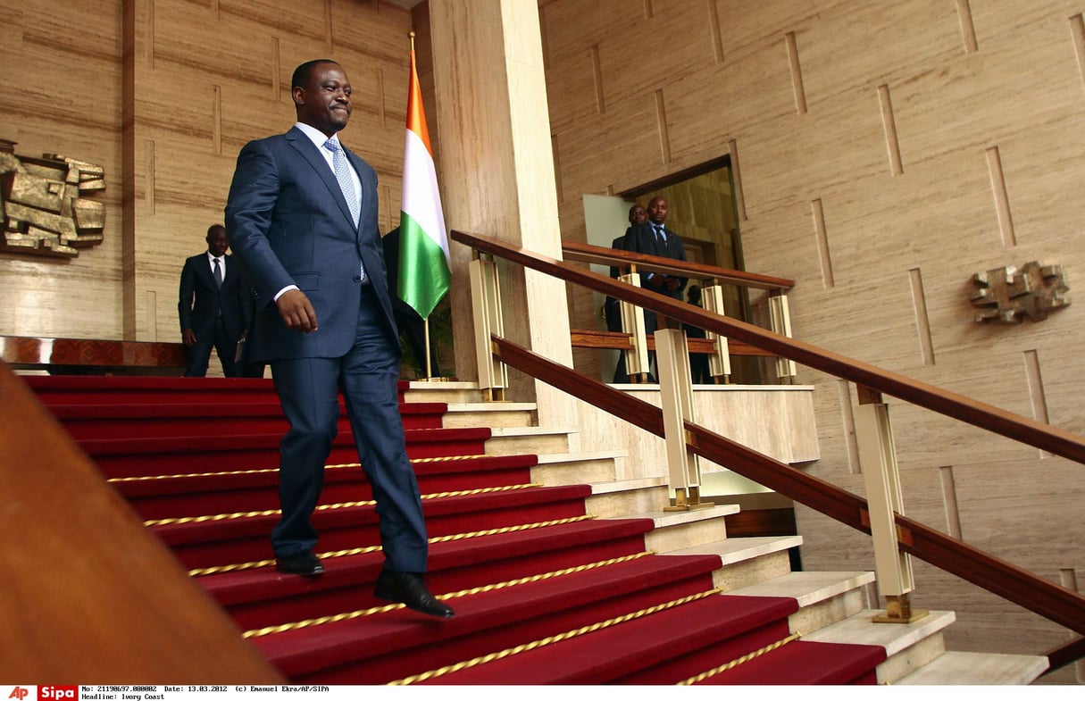 L’ancien Premier ministre Guillaume Soro après une rencontre avec le président ivoirien Alassane Ouattara au palais présidentiel d’Abidjan, en Côte d’Ivoire, en mars 2012. © Emanuel Ekra/AP/SIPA