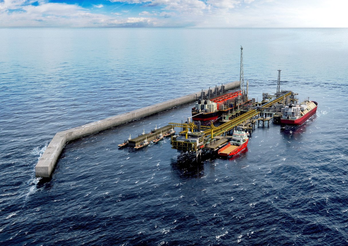 Image de synthèse de la future unité flottante de BP sur le champ gazéifère offshore de Grand Tortue-Ahmeyim. © BP