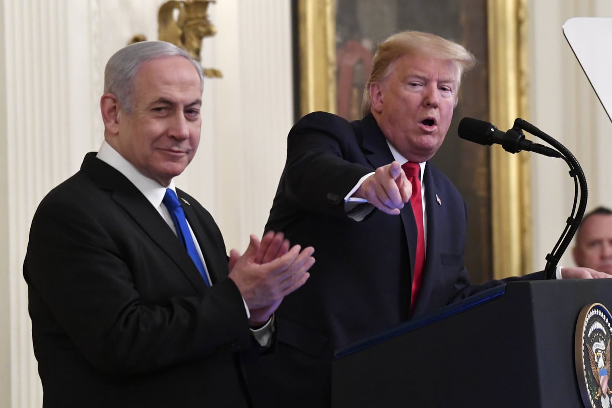 Donald Trump et Benyamin Netanyahou, à la Maison Blanche, le 28 janvier 2020. © Susan Walsh/AP/SIPA
