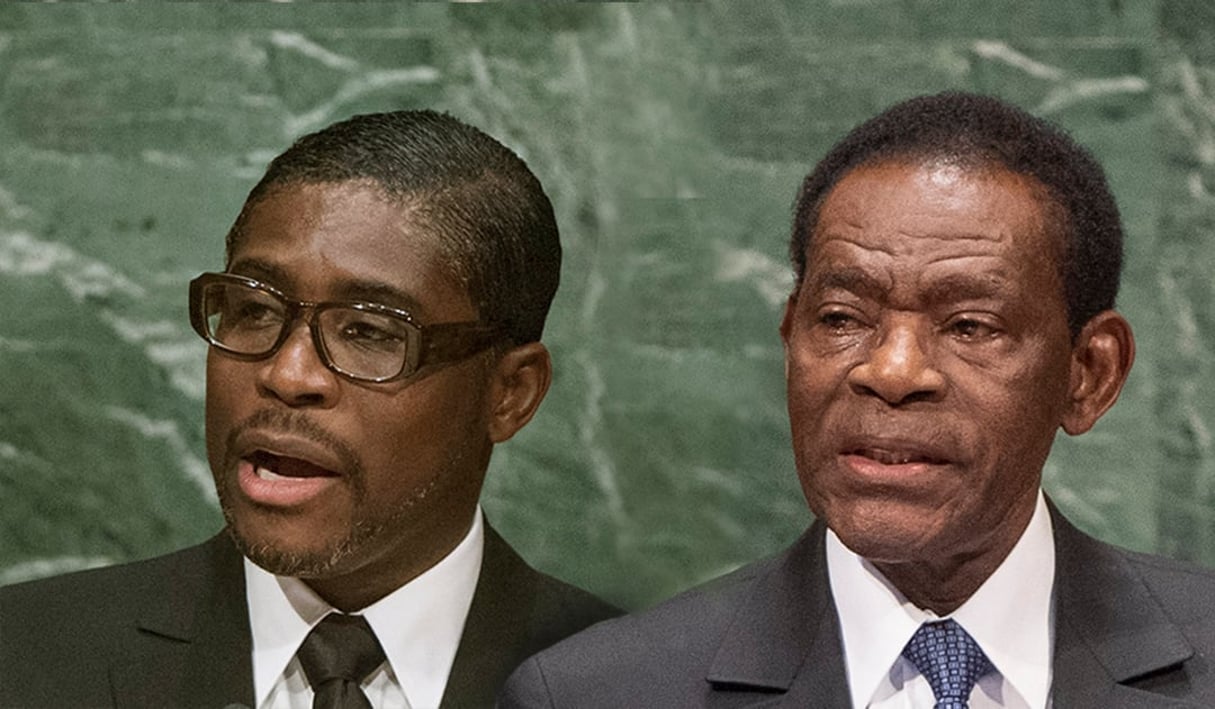 Teodoro Obiang Nguema Mbasogo (à dr.), président depuis 1979, et son fils Teodoro Nguema Obiang Mangue, surnommé Teodorín. © Montage JA/photo UN