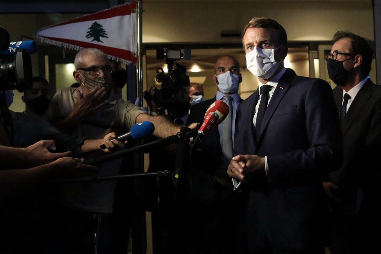 Le président de la République Emmanuel Macron répond à la presse à Beyrouth au Liban, le 31 août 2020. © STEPHANE LEMOUTON/SIPA
