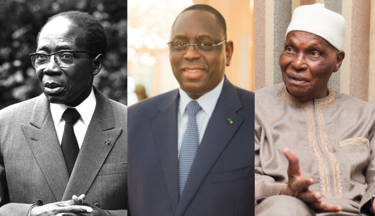 Léopold Sedar Senghor, Macky Sall et Abdoulaye Wade. © Pascal Maitre/Jeune Afrique ; Youri Lenquette pour JA