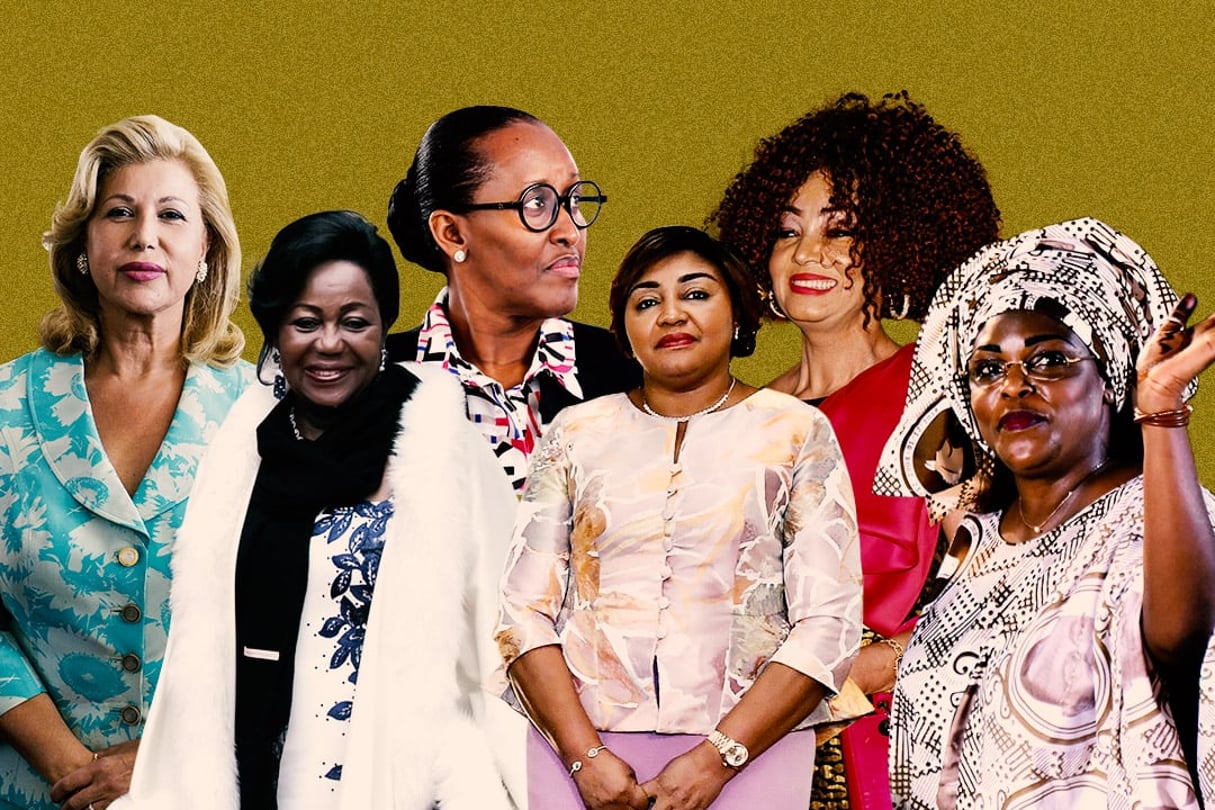 (de g. à dr.) Dominique Ouattara, Antoinette Sassou Nguesso, Jeannette Kagamé, Denise Tshisekedi, Chantal Biya et Marieme Faye Sall © Jacques Torregano/Divergence/ACF pour JA; Vincent Isore/IP3/MAXPPP; DANIEL IRUNGU/EPA/MAXPPP; DIRK WAEM/BELGA/MAXPPP; Bony/SIPA ; SEYLLOU/AFP.