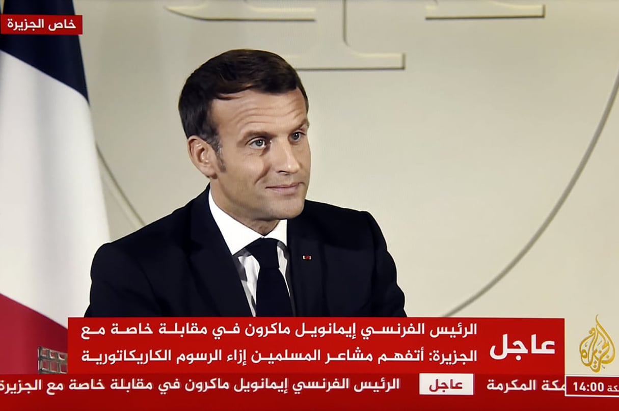 Interview d’Emmanuel Macron sur la chaîne Al-Jazeera, le 31 octobre 2020. © Alexandre MARCHI/MAX PPP
