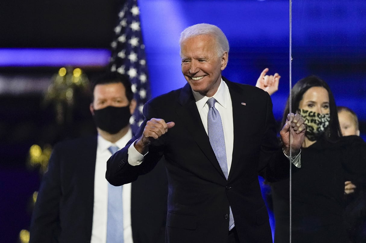 Joe Biden, président élu des Etats-Unis, le 7 novembre après son discours célébrant sa victoire, à Wilmington dans le Delaware. © Andrew Harnik/AP/SIPA