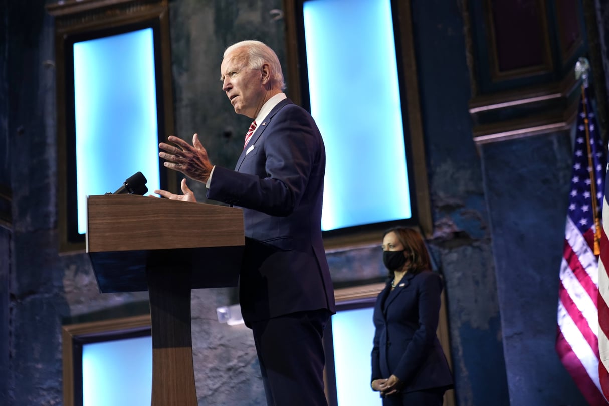 Le président élu Joe Biden, au Queen Theater, le lundi 16 novembre 2020, à Wilmington. © Andrew Harnik/AP/SIPA