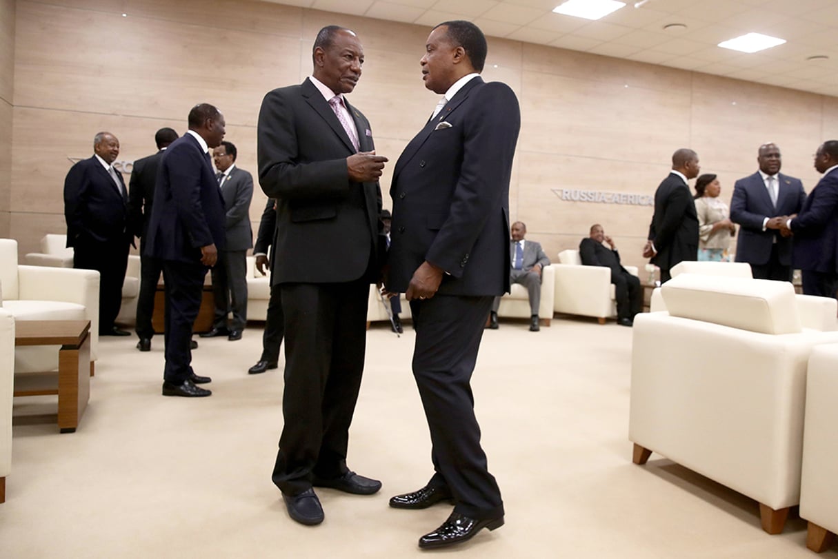 Alpha Condé et Denis Sassou N’Guesso, à Sotchi en 2019. © Valery Sharifulin/TASS/Sipa USA/SIPA