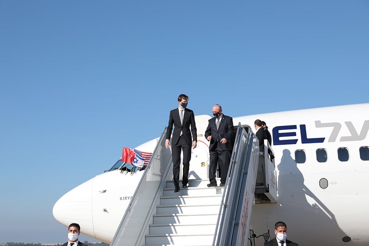 La délégation américano-israélienne conduite par le conseiller du président Donald Trump, Jared Kushner, et le conseiller à la sécurité nationale d’Israël, Meier Ben Shabbat, à son arrivée  à l’aéroport de Rabat-Salé ce 22 décembre.  © MAP