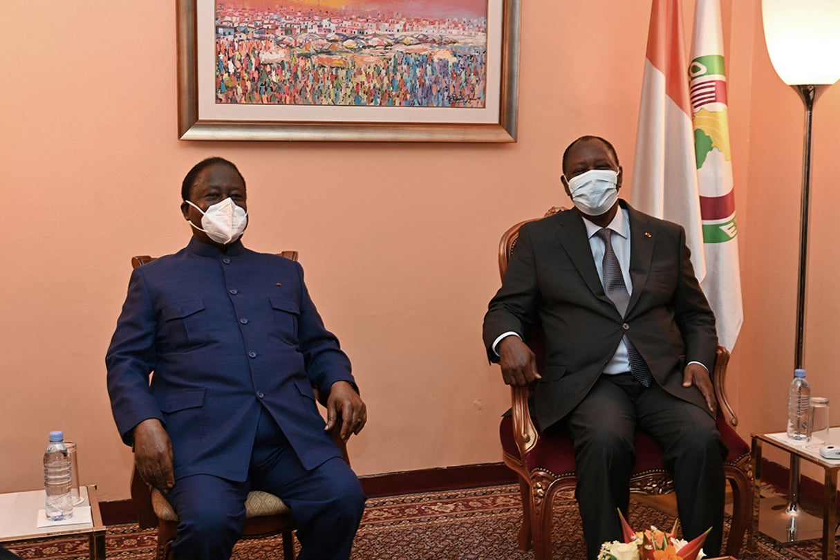 Henri Konan Bédié et Alassane Ouattara, le 11 novembre 2020. © ISSOUF SANOGO/AFP