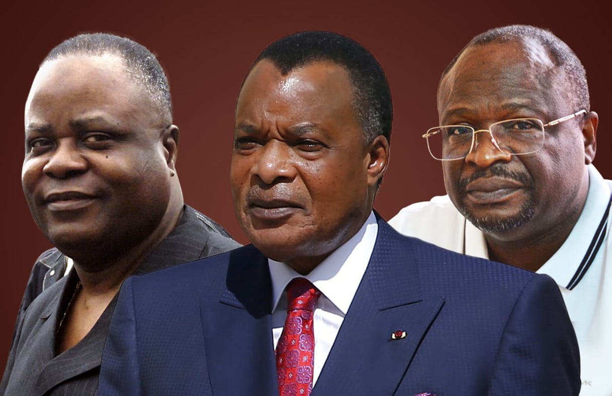 Mathias Dzon, Denis Sassou Nguesso, et Guy Brice Parfait Kolelas, candidats à la présidentielle du 21 mars 2021 au Congo. © Photomontage : Vincent Fournier/JA ; Chesnot/Getty Images ; STEEVE RODRIC POUR JA