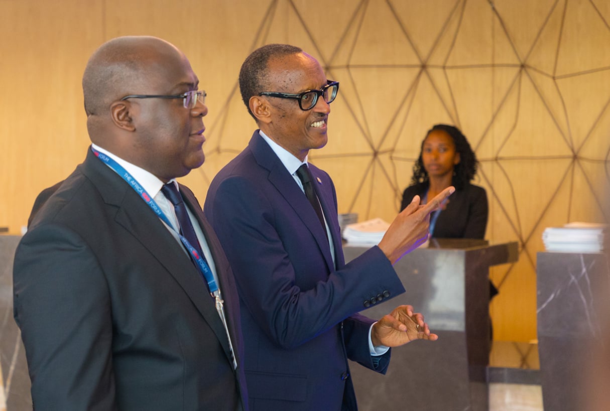 Félix Tshisekedi et Paul Kagame, à l’Africa CEO Forum, en 2019 à Kigali. © Henry Joël/ACF/JA