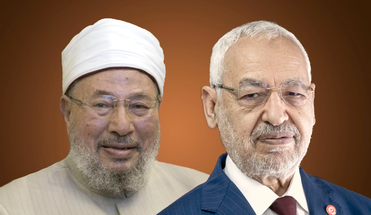 Yusuf al-Qaradawi et Rached Ghannouchi. © AFP-Nicolas Fauque Montage JA