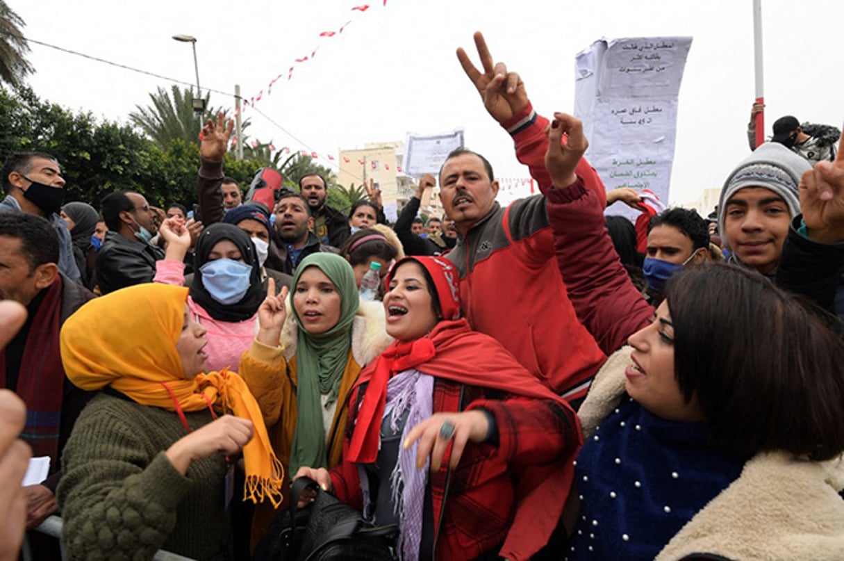 Une manifestation dans le centre de la Tunisie, le 17 décembre 2020. © FETHI BELAID/AFP