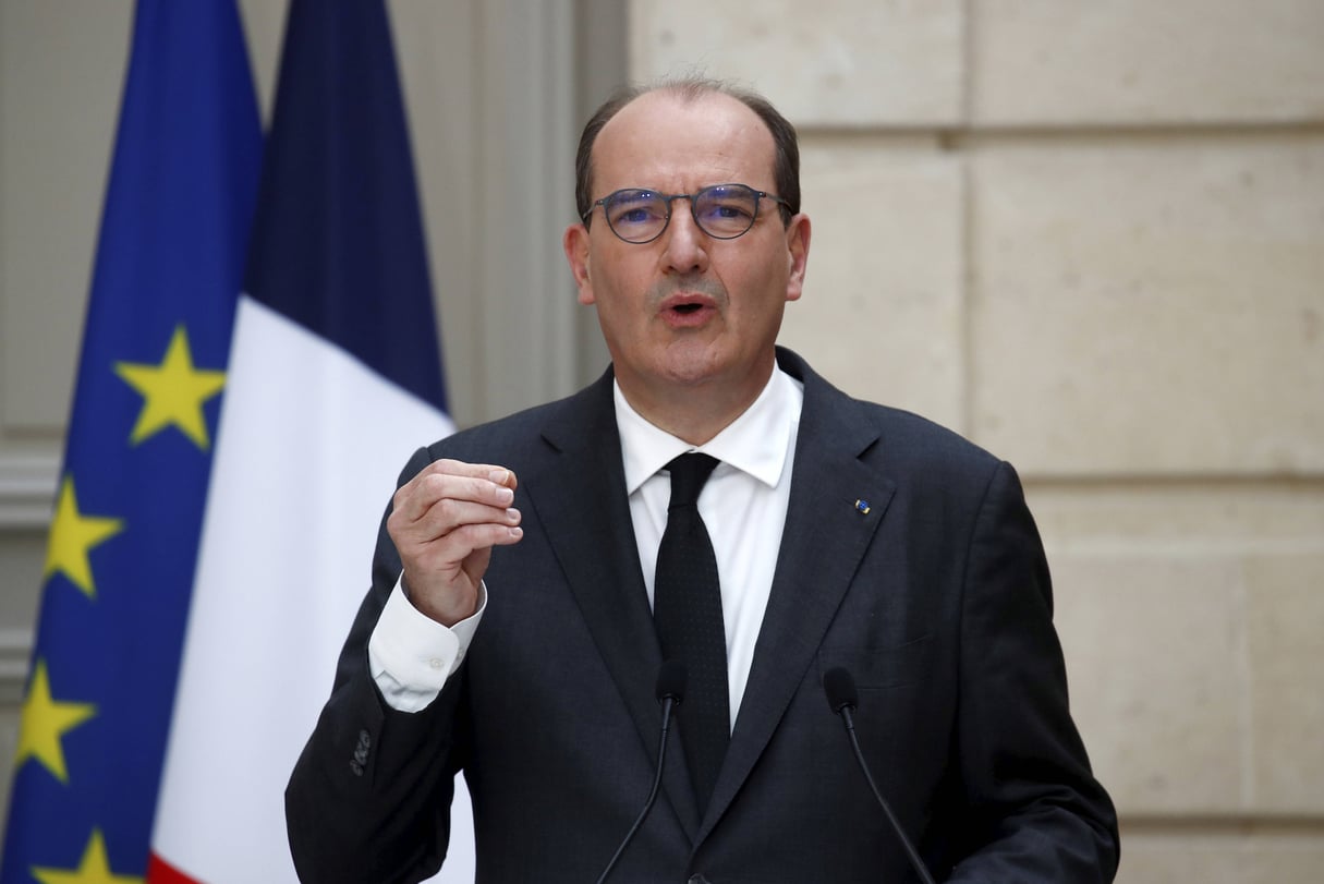 Le Premier ministre français Jean Castex s’exprime lors d’une conférence de presse à l’Elysée, à Paris, le 28 avril 2021. © Gonzalo Fuentes/AP/SIPA